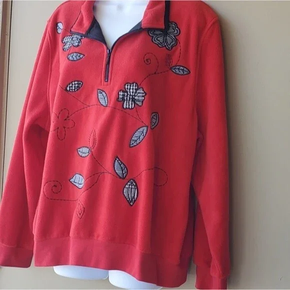 Vintage 1990s Grandma Core Red Checkered 1/4 Zip floral Fleece Pullover - Picture 2 of 10